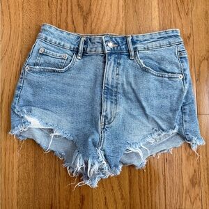 ZARA High-Rise Frayed Denim Shorts (Light Blue Wash)